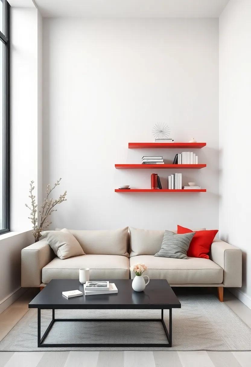 Floating shelves with contrasting ​colors, drawing attention and ⁣creating ‍a striking focal point