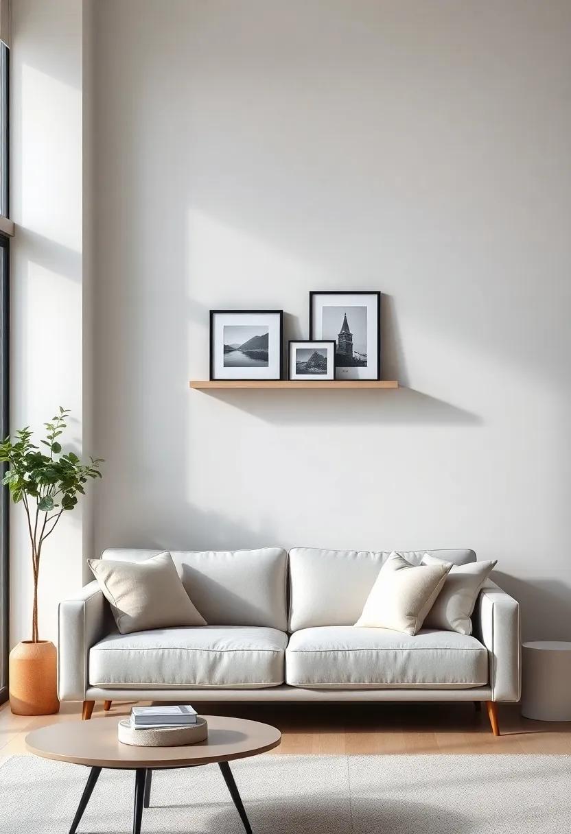 A single ⁢shelf floating above a sofa to display ​art and family photos