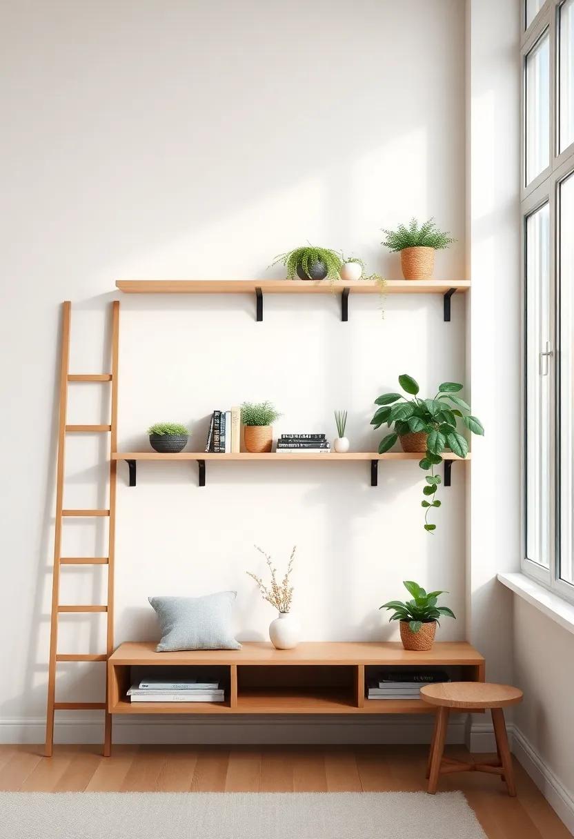 Minimalist ladder shelves⁤ that ⁣lean against the​ wall, perfect for displaying plants and books