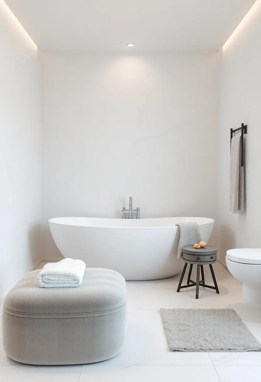 Choose luxurious textiles like plush towels or a velvet stool to elevate comfort and sophistication