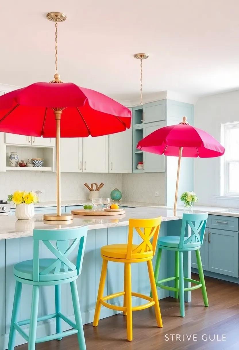 Bold Bar Stools: Choose bar‍ stools in bright, cheerful colors resembling beach umbrellas to⁣ add a vibrant touch to your kitchen island