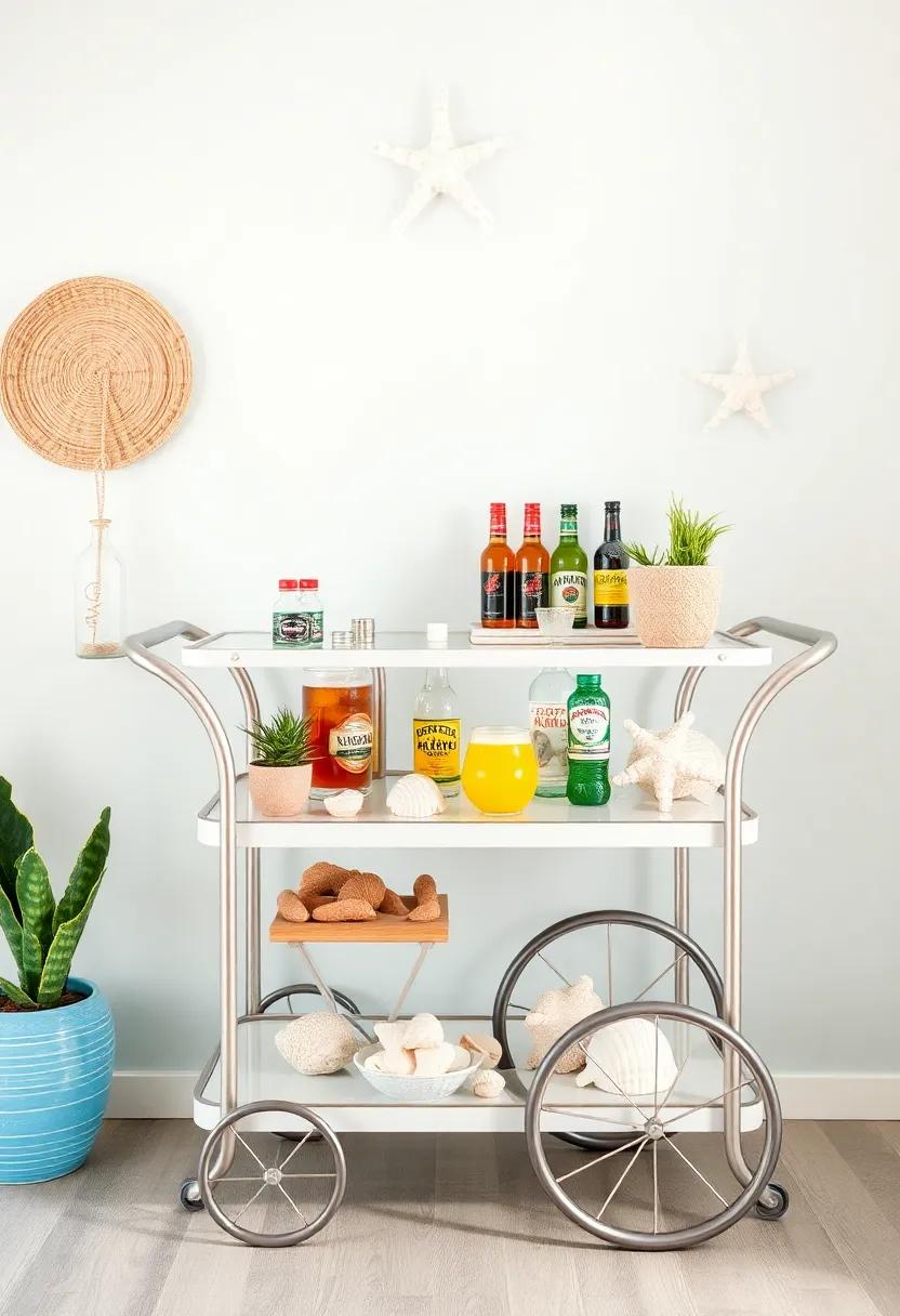 Custom Bar Cart: Create a mobile bar cart with a‌ beach ​theme, stocked⁣ with tropical mixers and adorned with seashell decorations