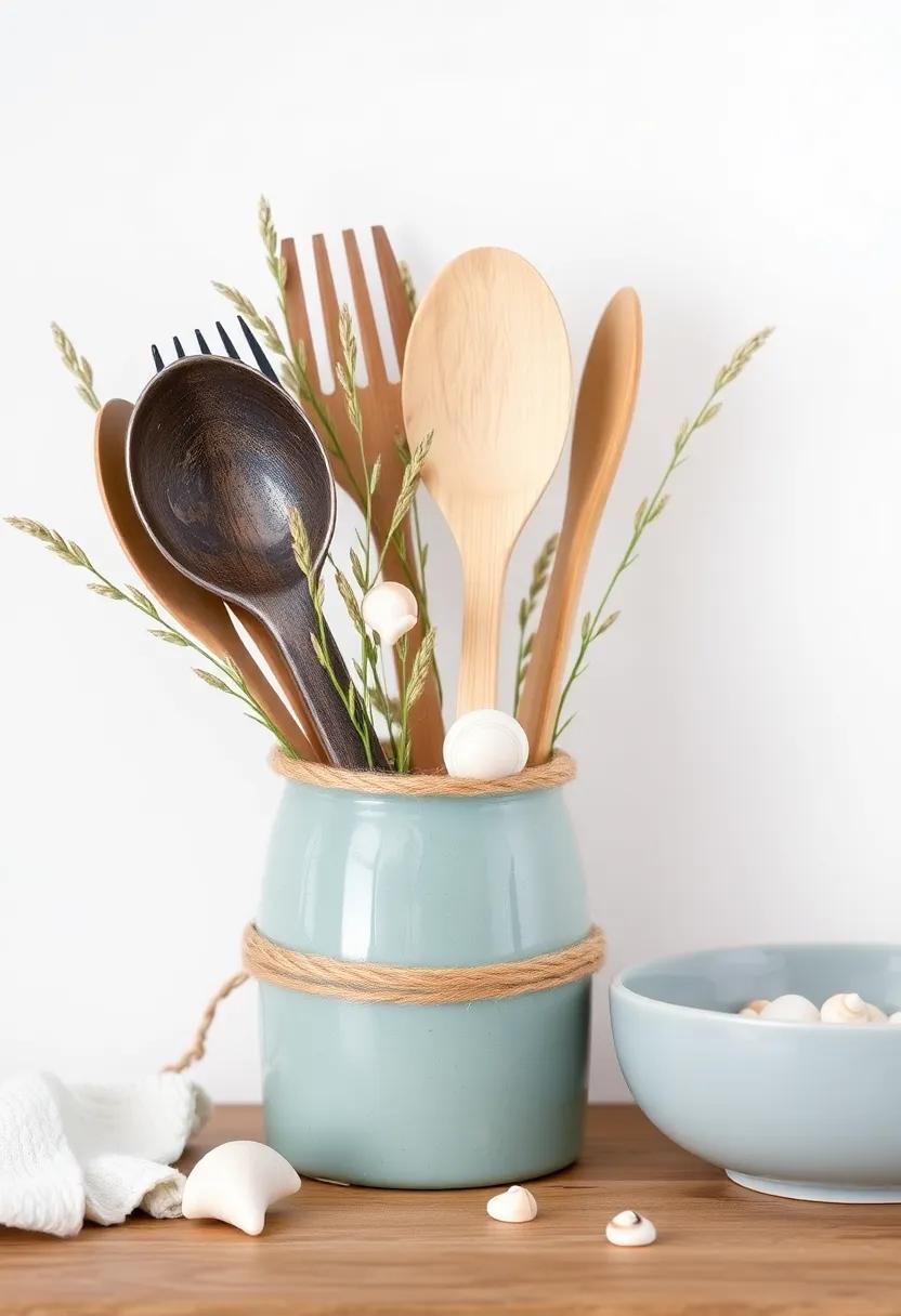 Shell-Wrapped Utensils: wrap your cooking utensils in twine with added seashells, making them beautiful and beachy at the‌ same time