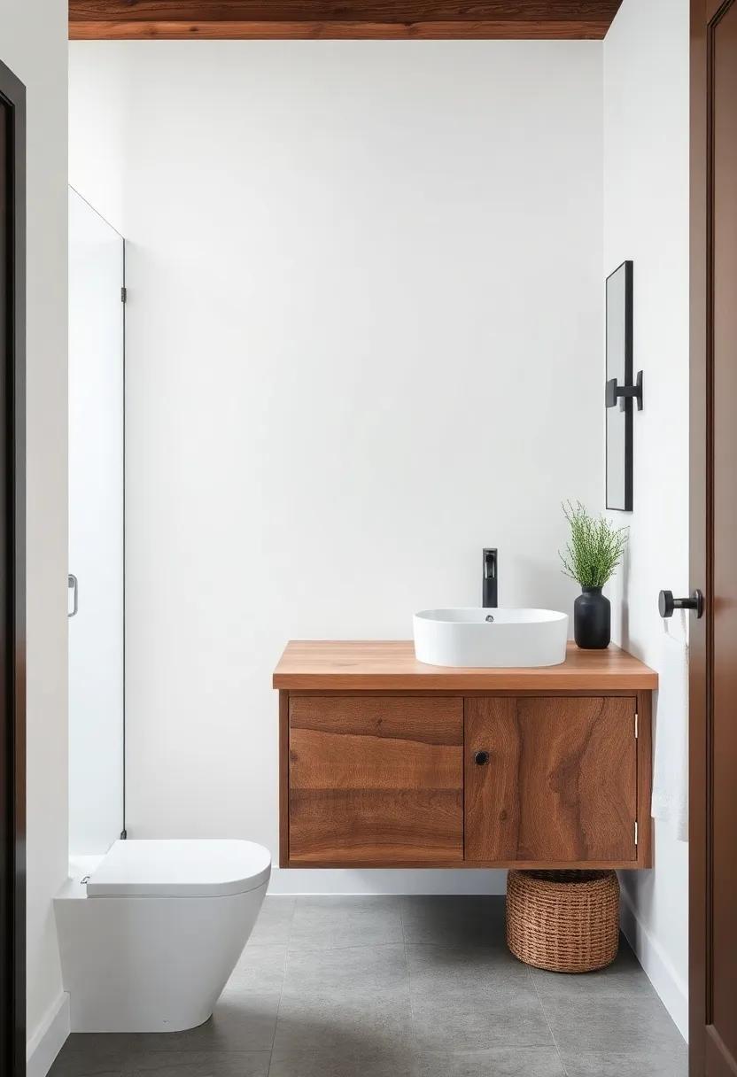 Contrasting Elements: Create visual intrigue by combining sleek modern elements with rustic textures, like pairing a contemporary sink with rugged wooden cabinetry