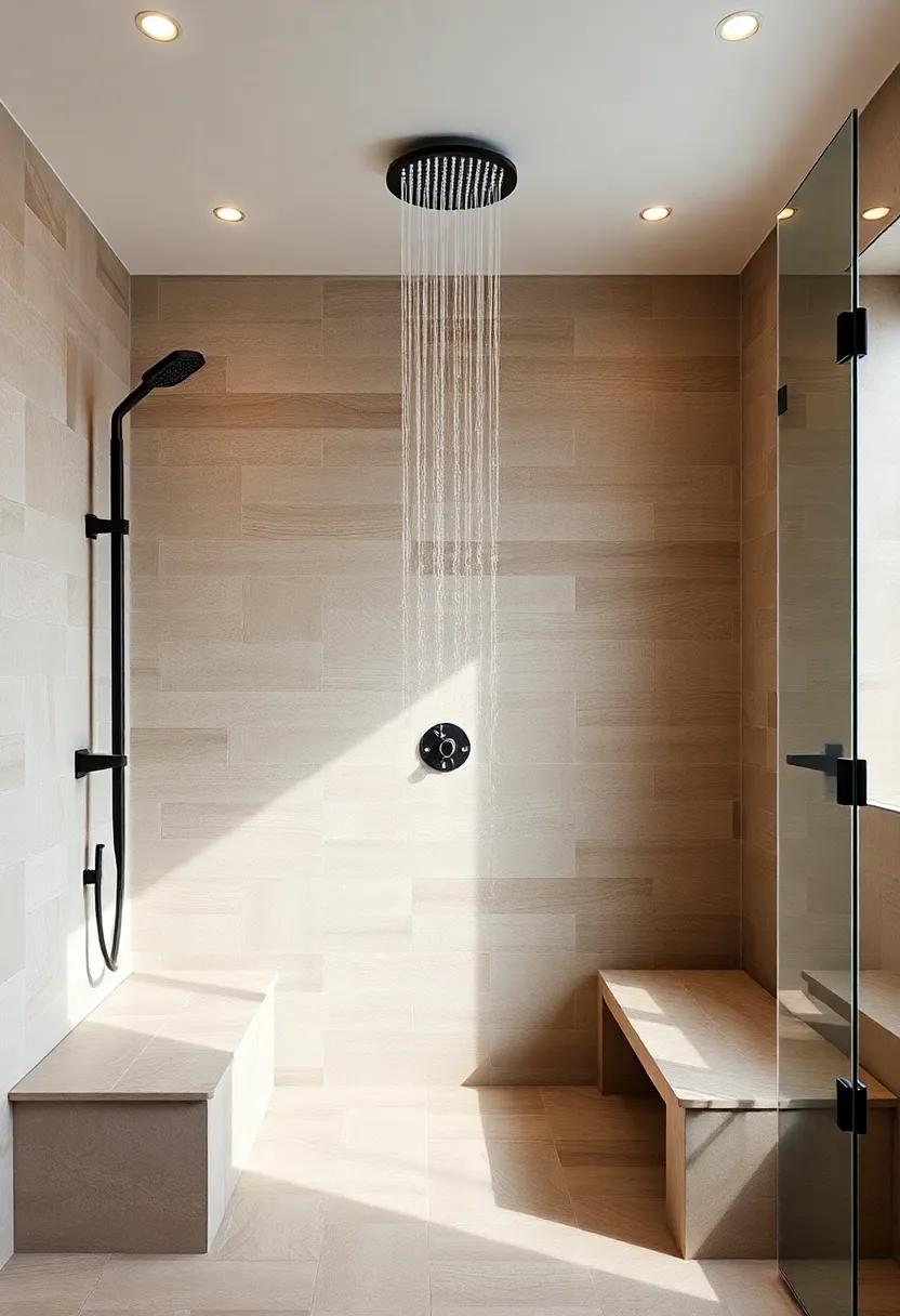 Spa-Like Showers: Create a spa-like experience with a rain showerhead, textured tiles, and built-in ‌seating to promote relaxation