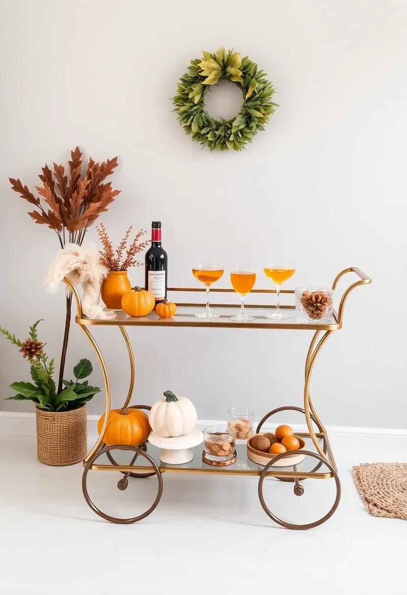 Chic bar cart: Set up a fall-themed bar cart ⁣with ​seasonal cocktails,‌ warm drinks, and festive glassware for entertaining