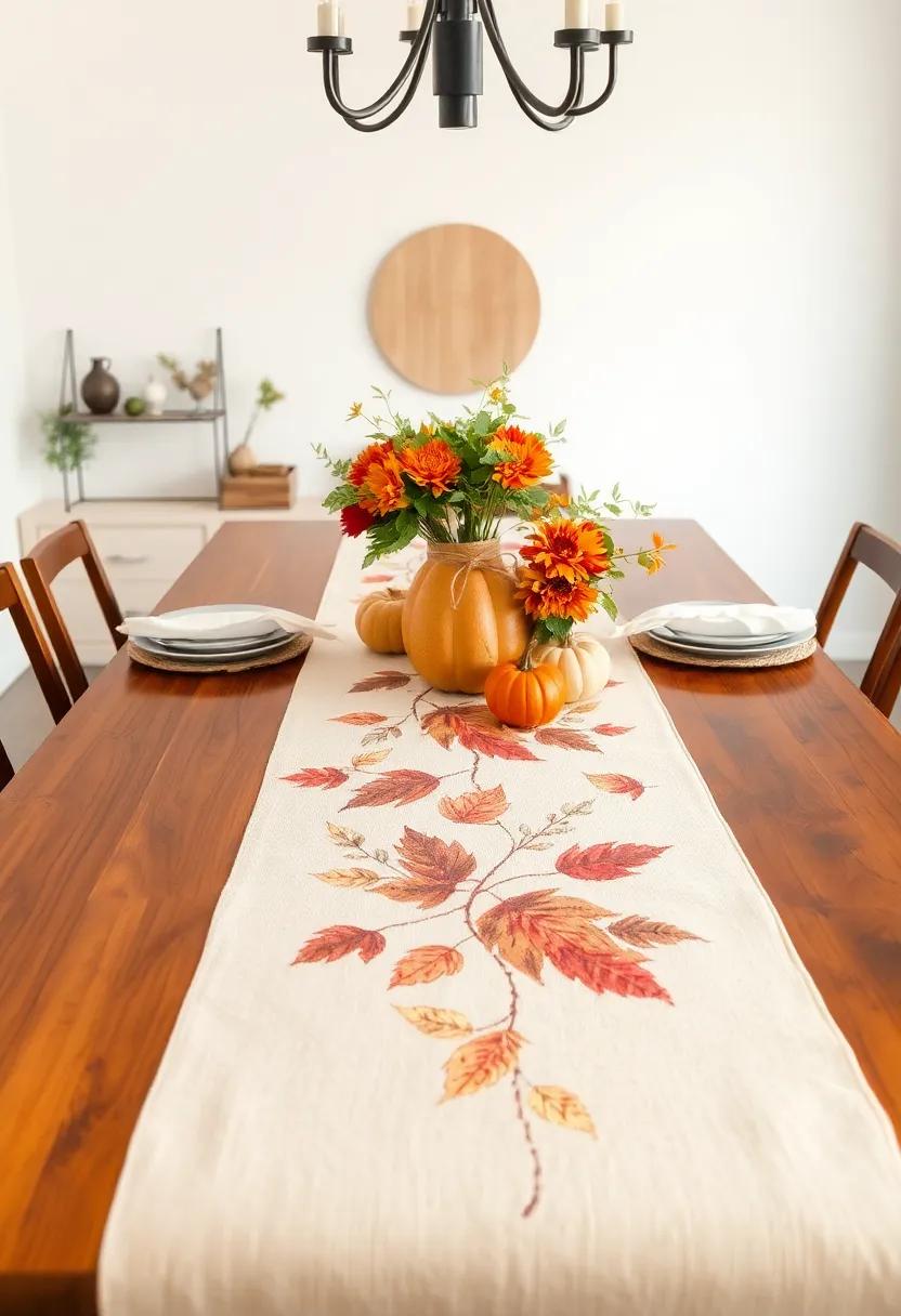 Fall-themed runners: Drape ​a⁢ table runner‌ adorned with autumn motifs down ​the center of⁣ your⁤ table to celebrate the harvest ‍season