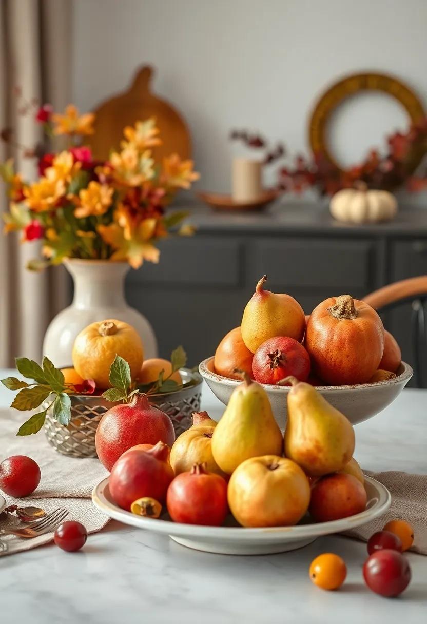Fruit-filled displays: Arrange seasonal ​fruits such as pomegranates and pears in decorative⁢ bowls for a fresh and vibrant centerpiece