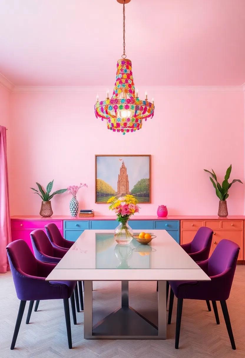 Statement Lighting: Hang⁣ a bold, colorful chandelier or pendant light that not​ only illuminates but also acts as ⁣a stunning centerpiece above your dining table