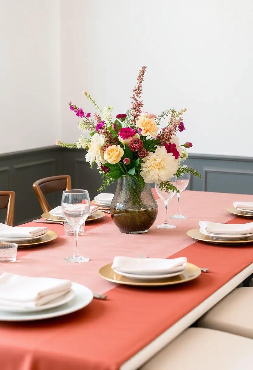 Bold Patterns: Let your table speak volumes ‌by using‌ a geometric print runner alongside bold and eclectic⁣ dinnerware for a contemporary vibe