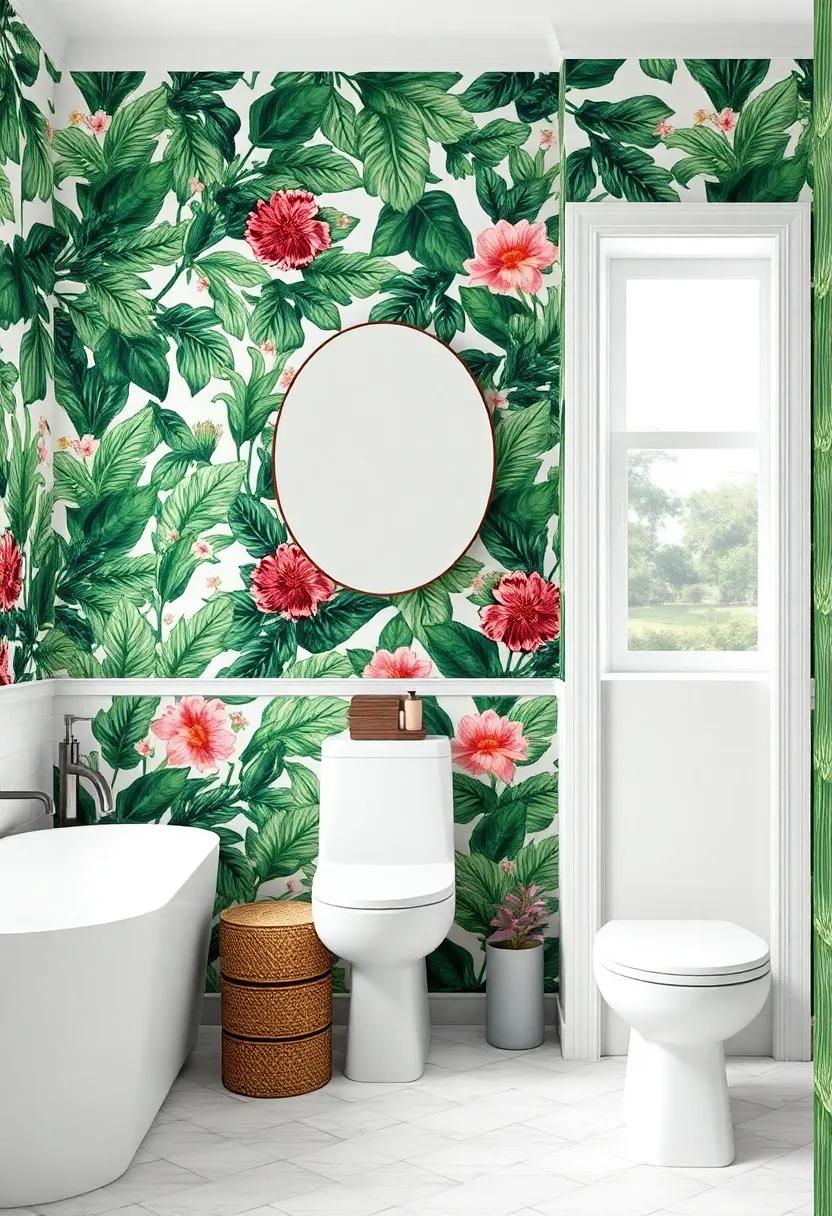 Embrace Nature with Botanical Prints: Transform your guest bathroom ​into a serene oasis with lush green leaf patterns and vibrant floral designs for a refreshing feel