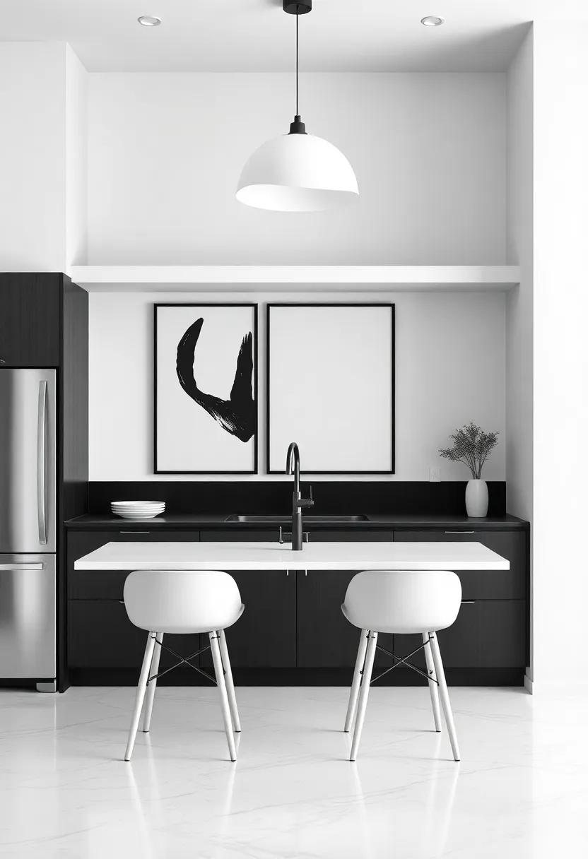Minimalist Black and White: Use sleek black and white prints with minimalist designs that complement modern kitchens and add a touch of elegance