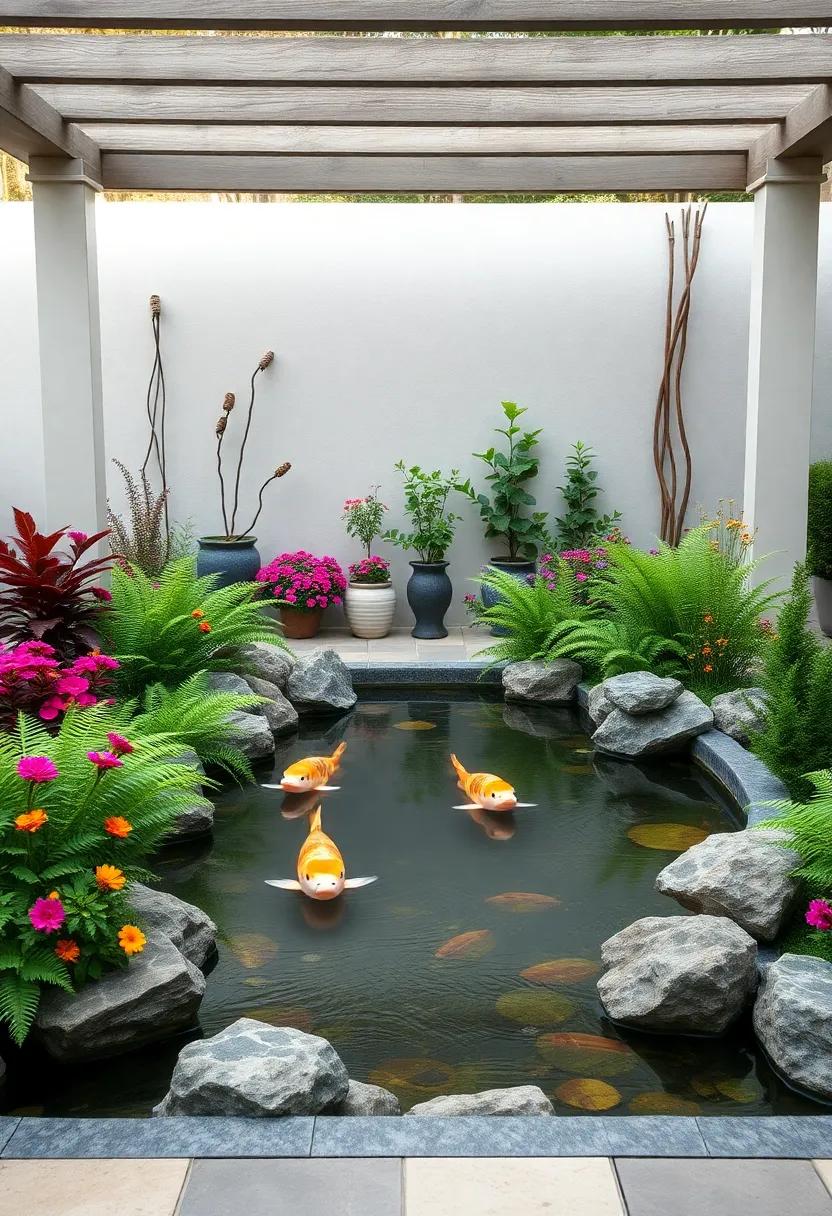 Embrace ⁢tranquility with​ a ​serene koi pond, surrounded by lush ferns and colorful flowers, ‌creating a peaceful retreat‍ right on your patio