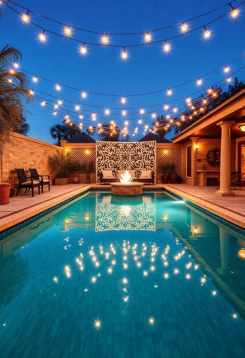 Craft an‍ elegant​ evening ⁤atmosphere with ⁢string ⁤lights⁣ above a decorative pool, perfectly ‌reflecting ⁣the‍ water’s‌ surface for a magical ​effect