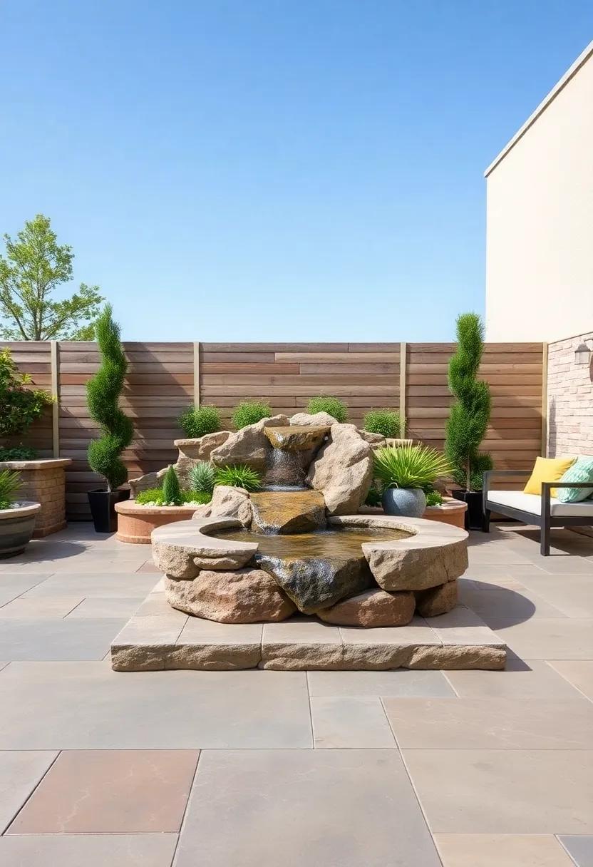 Use a natural stone water feature integrated into a seating area,‍ harmonizing rock, water, ‌and greenery ⁣for a rustic⁣ aesthetic