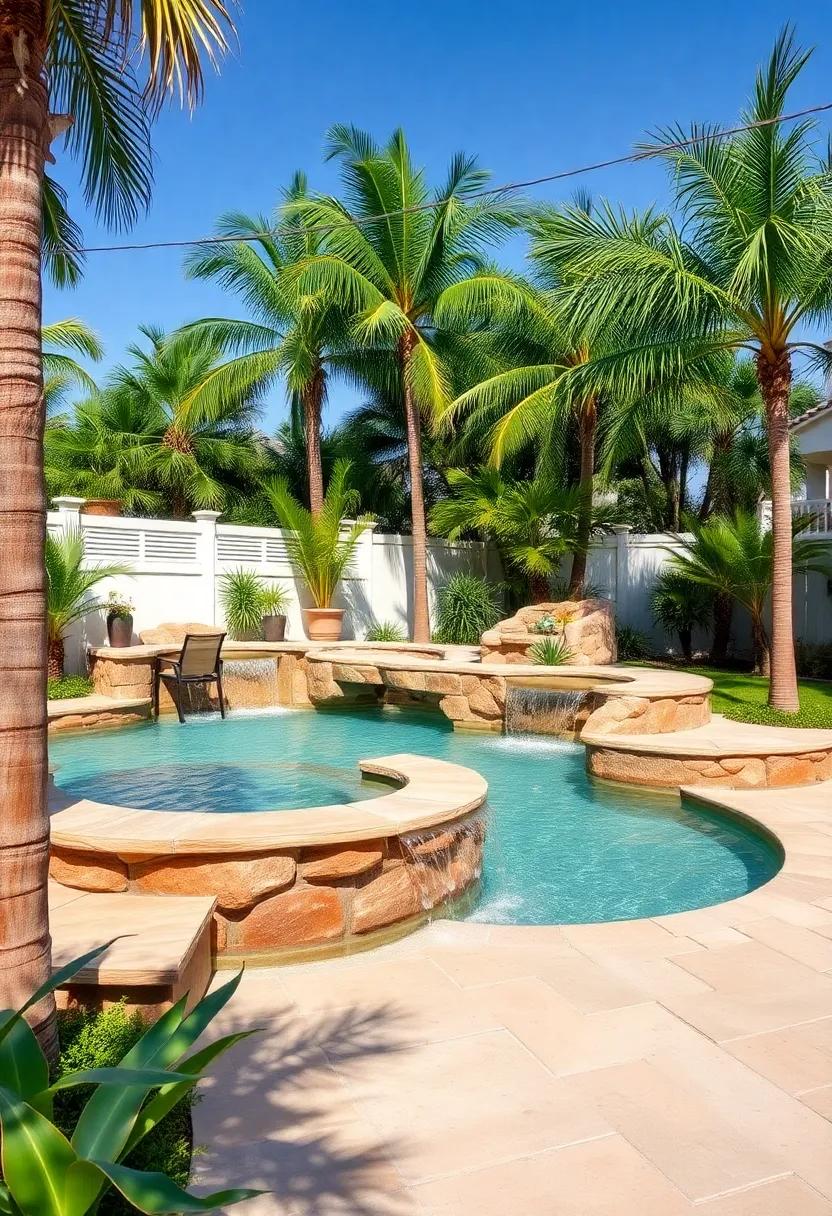 Transform ⁣your ‌large patio into a tropical haven with a ⁤plunge pool, complete ⁢with waterfalls ‍and ​surrounded by palm trees