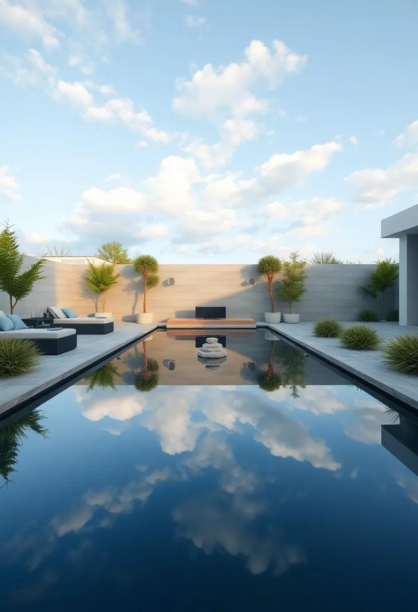 Find ⁣inspiration in⁢ a ​modern patio design⁤ with an artistic reflecting pond, perfectly mirroring the sky and surrounding landscape