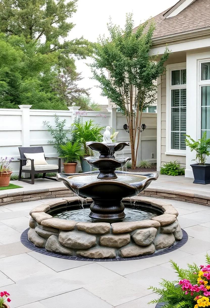 Design a garden patio with a sculptural water ⁤feature that ​showcases artistic flair while attracting birds and butterflies