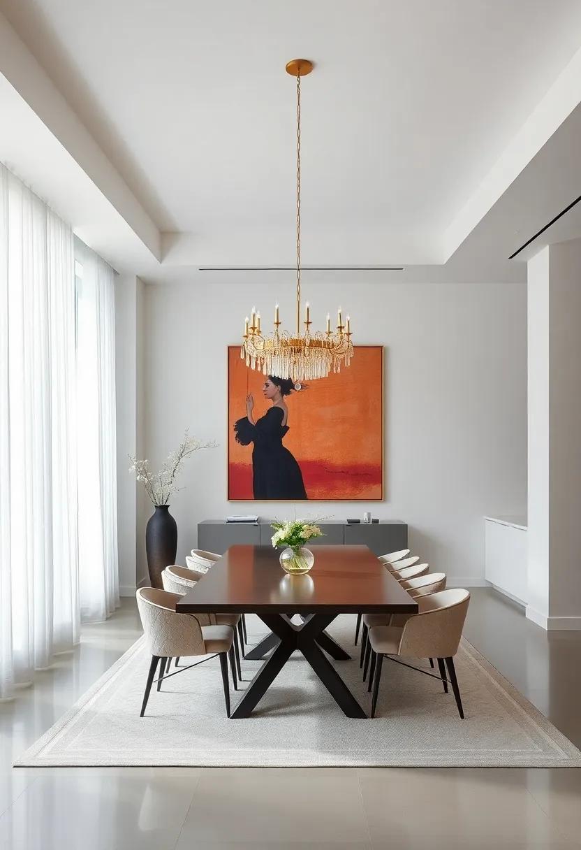 Artistic Elegance: View a dining area that‌ transforms minimalism into a canvas for artistic expression, with a statement chandelier and a bold, oversized piece of‍ artwork⁢ adding character to the otherwise understated design