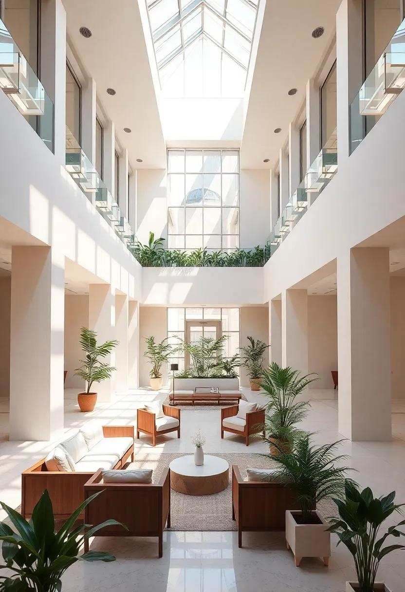 Bright and airy: Dive into an⁢ expansive ⁣atrium bathed in‍ light, ‍where simple seating arrangements and‍ greenery create an inviting atmosphere, exemplifying the beauty of open, uncluttered spaces