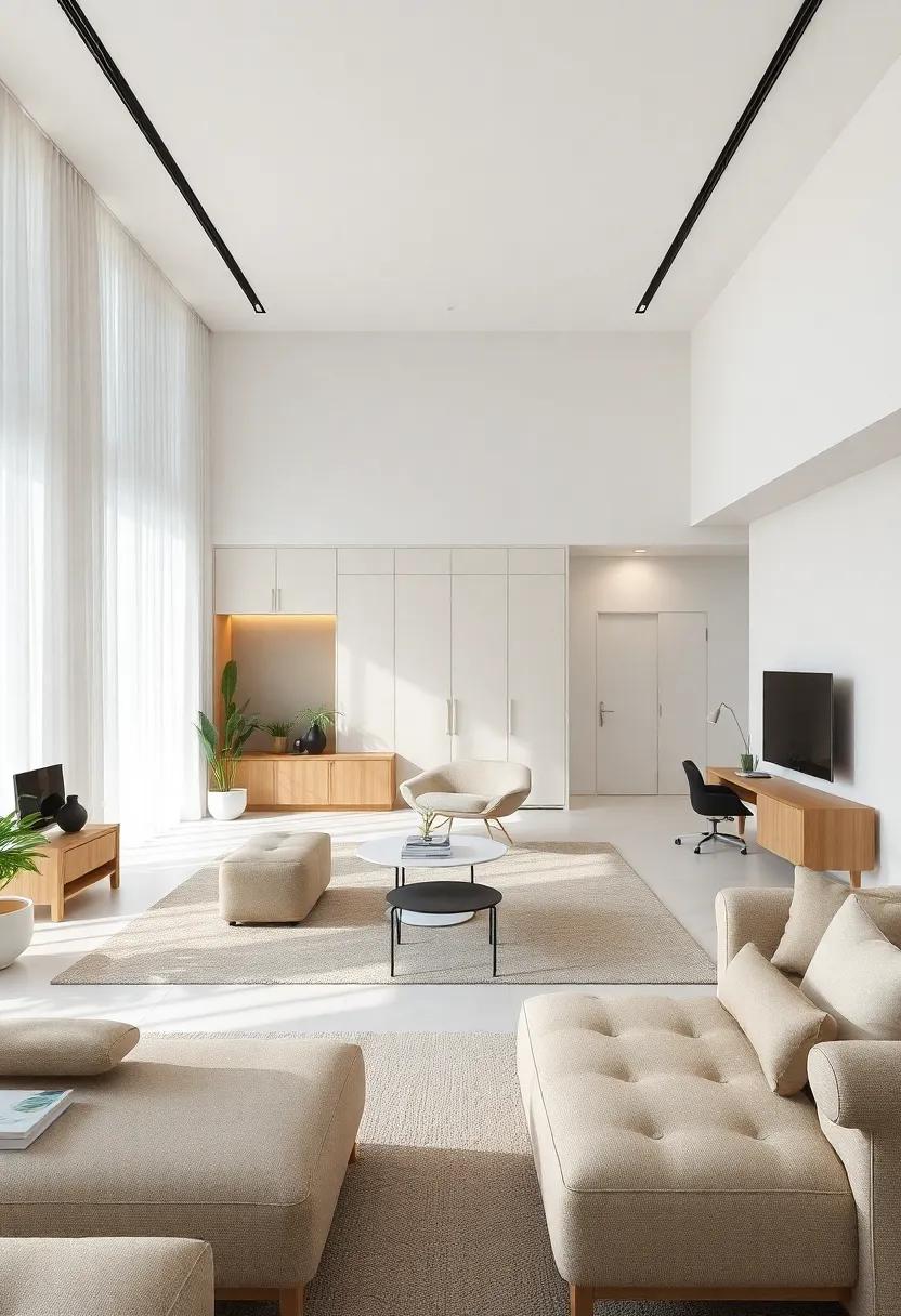 Captivating Balance: Explore a multi-functional space that demonstrates the art of balance, seamlessly integrating work and leisure areas while maintaining a minimalist approach that fosters productivity and relaxation⁢ alike