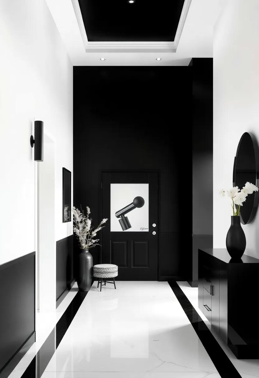 Chromatic ‌Contrast: Experience a⁢ bold entryway⁢ that juxtaposes striking black walls⁤ with bright white accents and minimalist decor, making a dramatic statement that invites exploration of the‌ home beyond