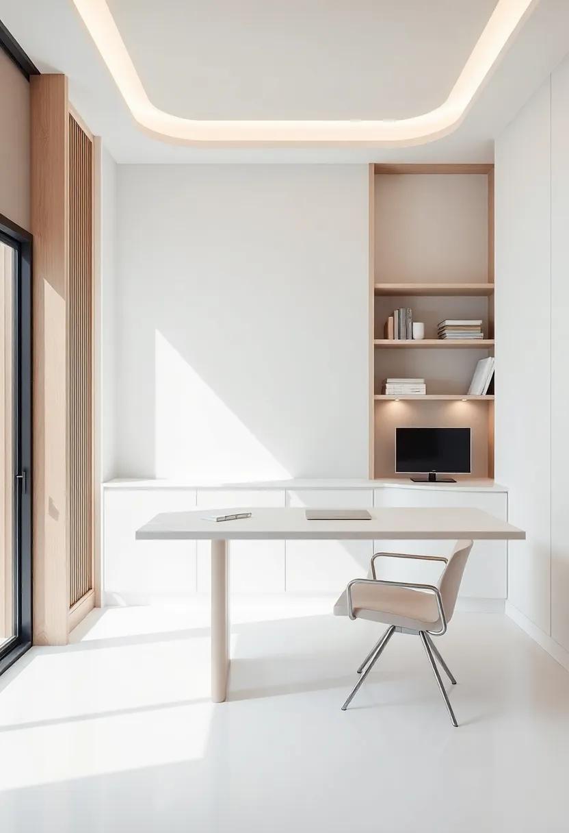 Functional art: Encounter ⁢a home office where ⁢sleek built-in shelving and⁢ a streamlined desk serve⁣ practical purposes while also acting as sculptural elements, merging utility with ‍aesthetic appeal