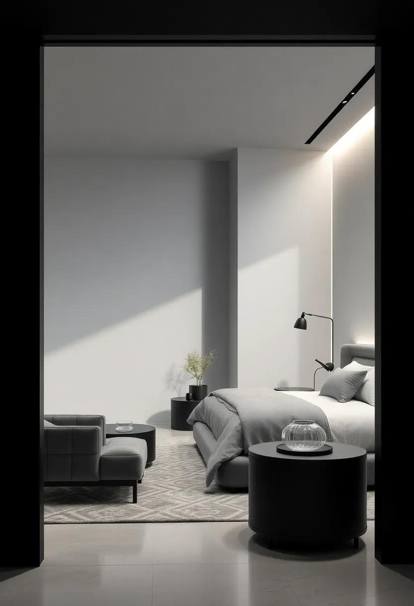 Monochromatic Magic: step into a bedroom that plays with shades of gray and black, where sleek furniture and textural elements create a tranquil retreat, ​enhanced by subtle ​lighting that sets a calm‌ ambiance