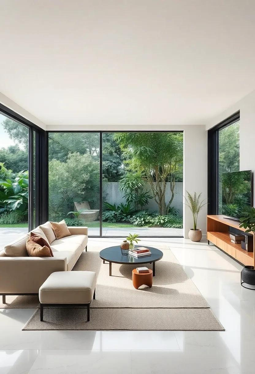 Nature’s Embrace: Explore a living ‍room that marries indoor and outdoor spaces, showcasing expansive glass doors that open ‍to a lush garden, with simple furnishings that encourage ⁤relaxation and connection with nature