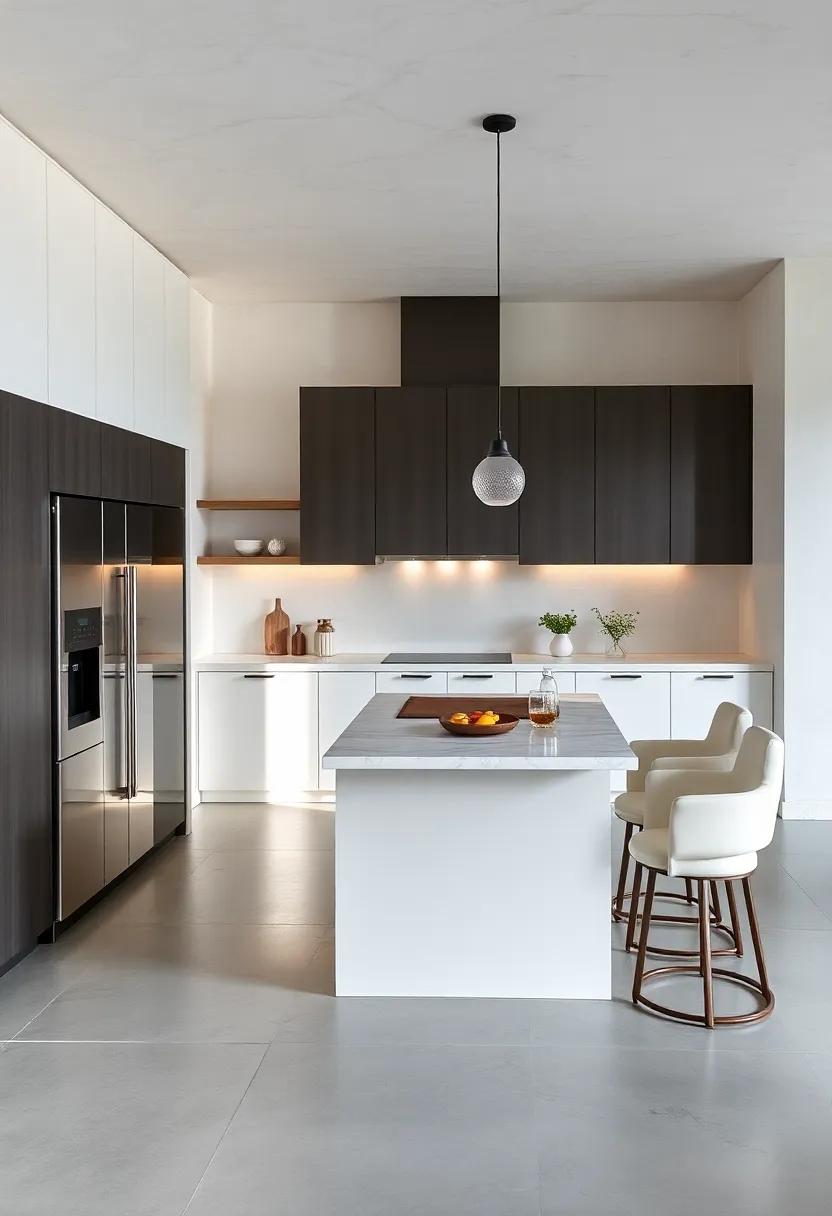 Understated Glamour: ​Experience the allure of a chic kitchen with sleek lines and high-end appliances, featuring a sophisticated island that doubles as a breakfast nook, all set within ⁢a⁣ backdrop of polished concrete and minimalist⁤ cabinetry