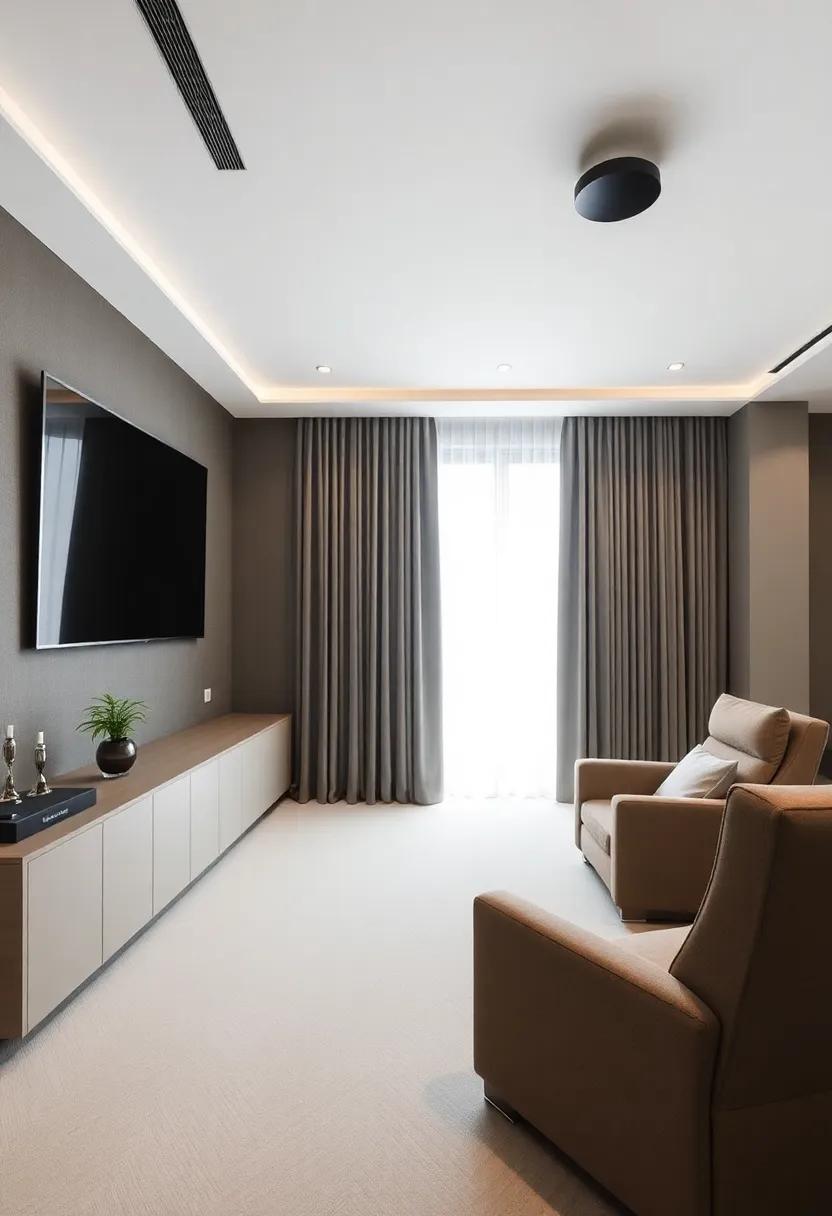 Natural Light Control: Install floor-to-ceiling blackout curtains that not only block out light but also enhance the theater experience when needed