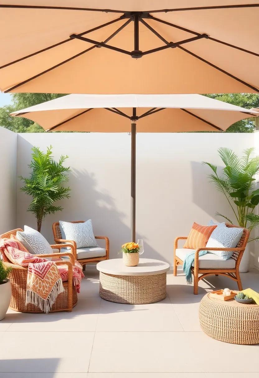 Umbrella Snugness: Choose cushions and throws that complement your patio umbrella, creating a cohesive look and offering shade with style