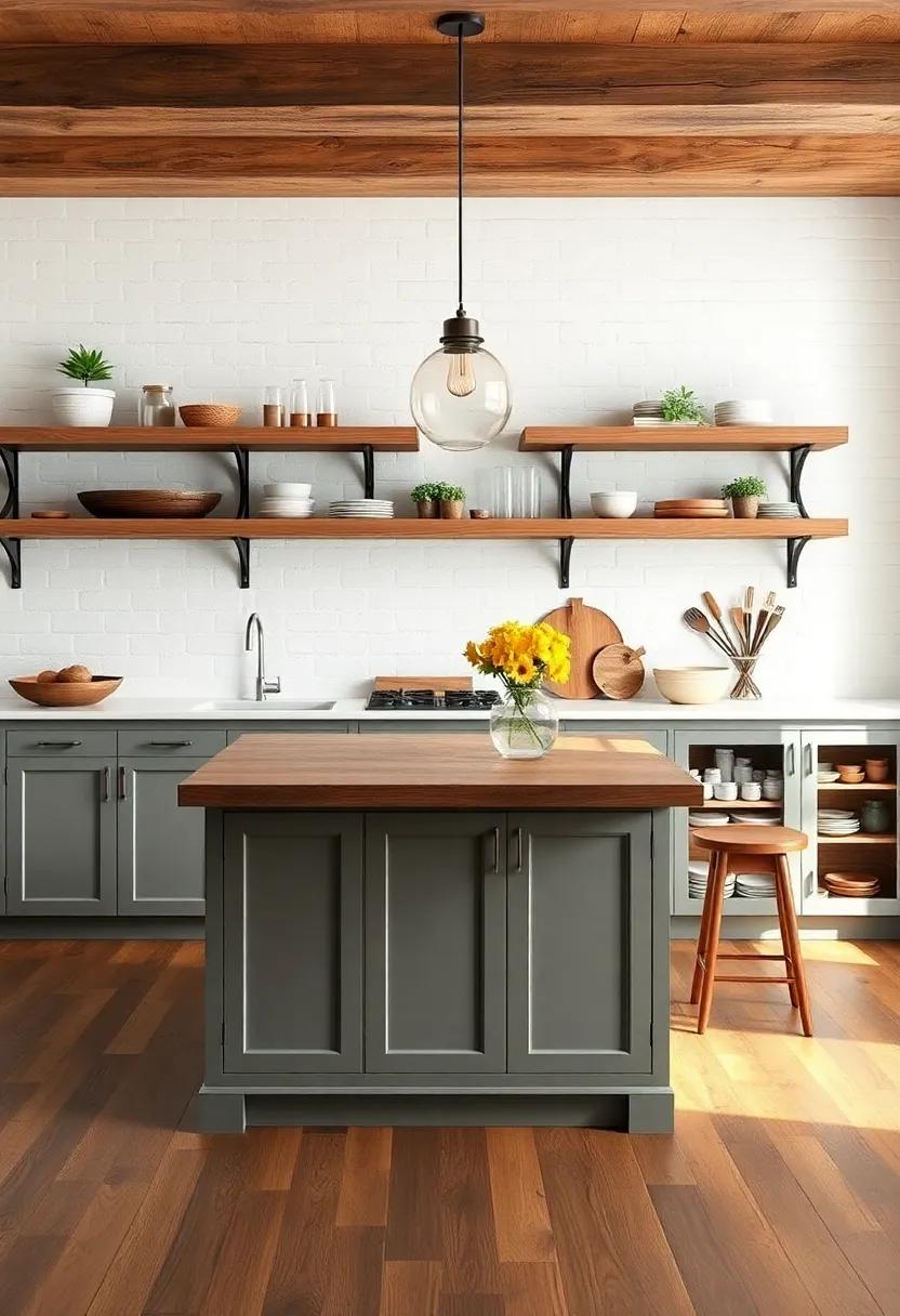 Open Shelving Elegance: Incorporate​ an island ⁢with open shelving for easy access ‍to​ frequently used items, allowing rustic⁢ charm ⁢to shine⁢ through in your storage ‌solutions