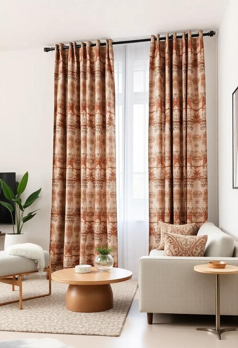 Boho Touch: Flowing,ethnic-inspired patterned curtains that introduce a relaxed bohemian vibe,softening​ the lines of modern furniture