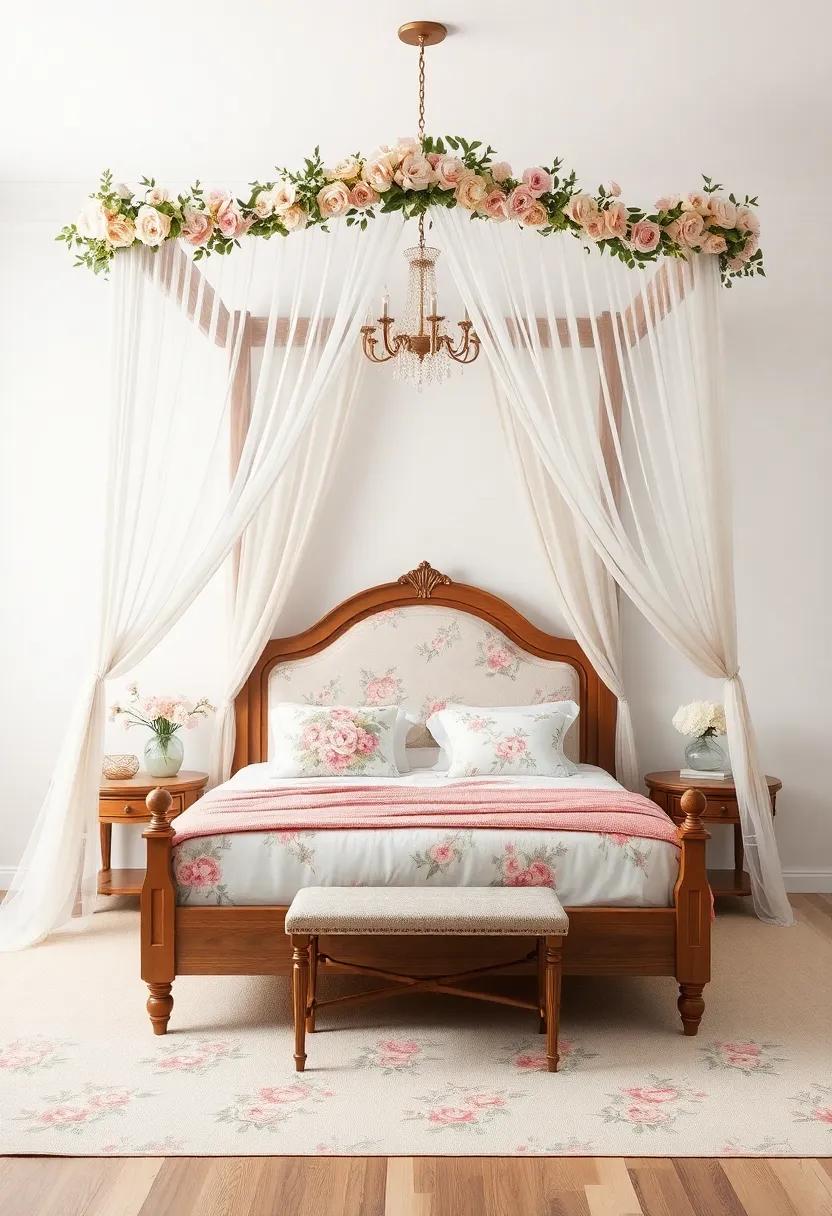 Add a Canopy Bed: Enhance the romantic feel by introducing a canopy bed framing your sleeping area with delicate drapes in floral patterns