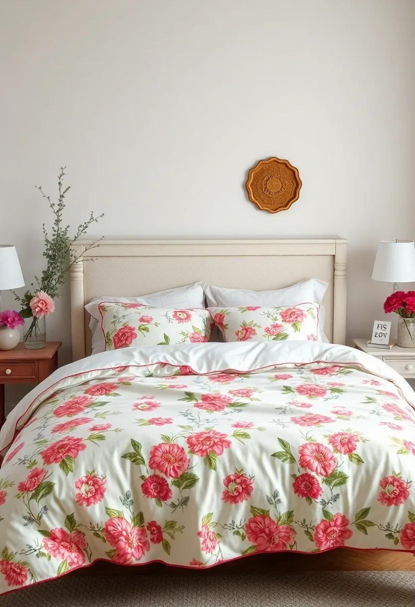 experiment with Floral Bedding: Consider a floral duvet cover set or patterned quilts that never go out of style, introducing a playful touch to your bedroom