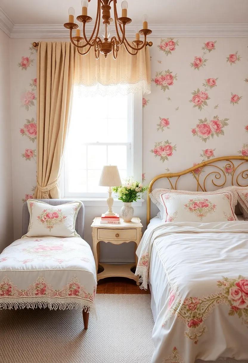 Use Lace and Embroidery: Introduce lace-trimmed linens or embroidered throw pillows for added texture and a dash of vintage romance