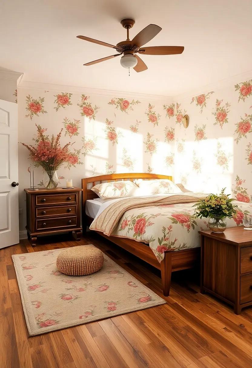 Use Warm Wood tones: Opt for warm wooden finishes in your furniture and decor to enhance the vintage warmth of your floral theme
