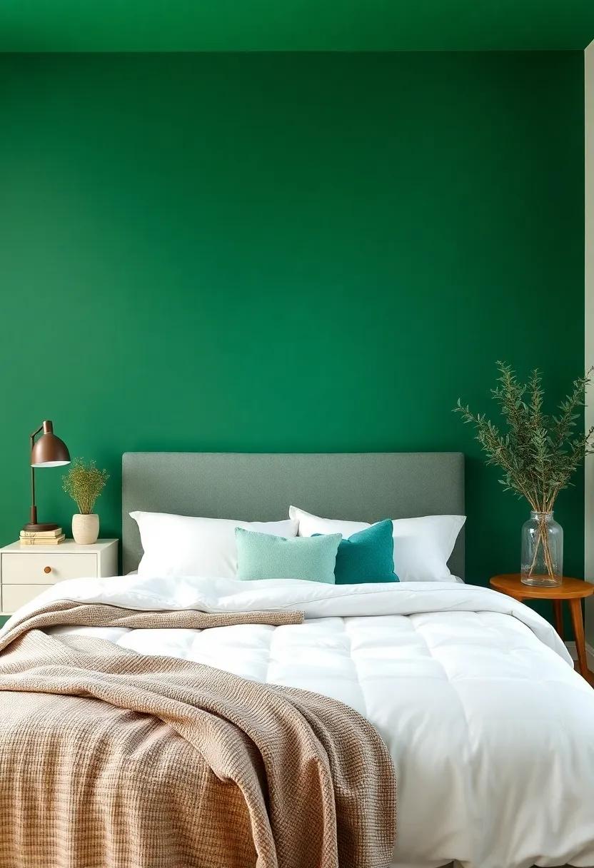 Emerald Green‌ Accent Wall: Use an emerald green accent wall to bring life and drama to your bedroom⁢ while remaining cozy and inviting