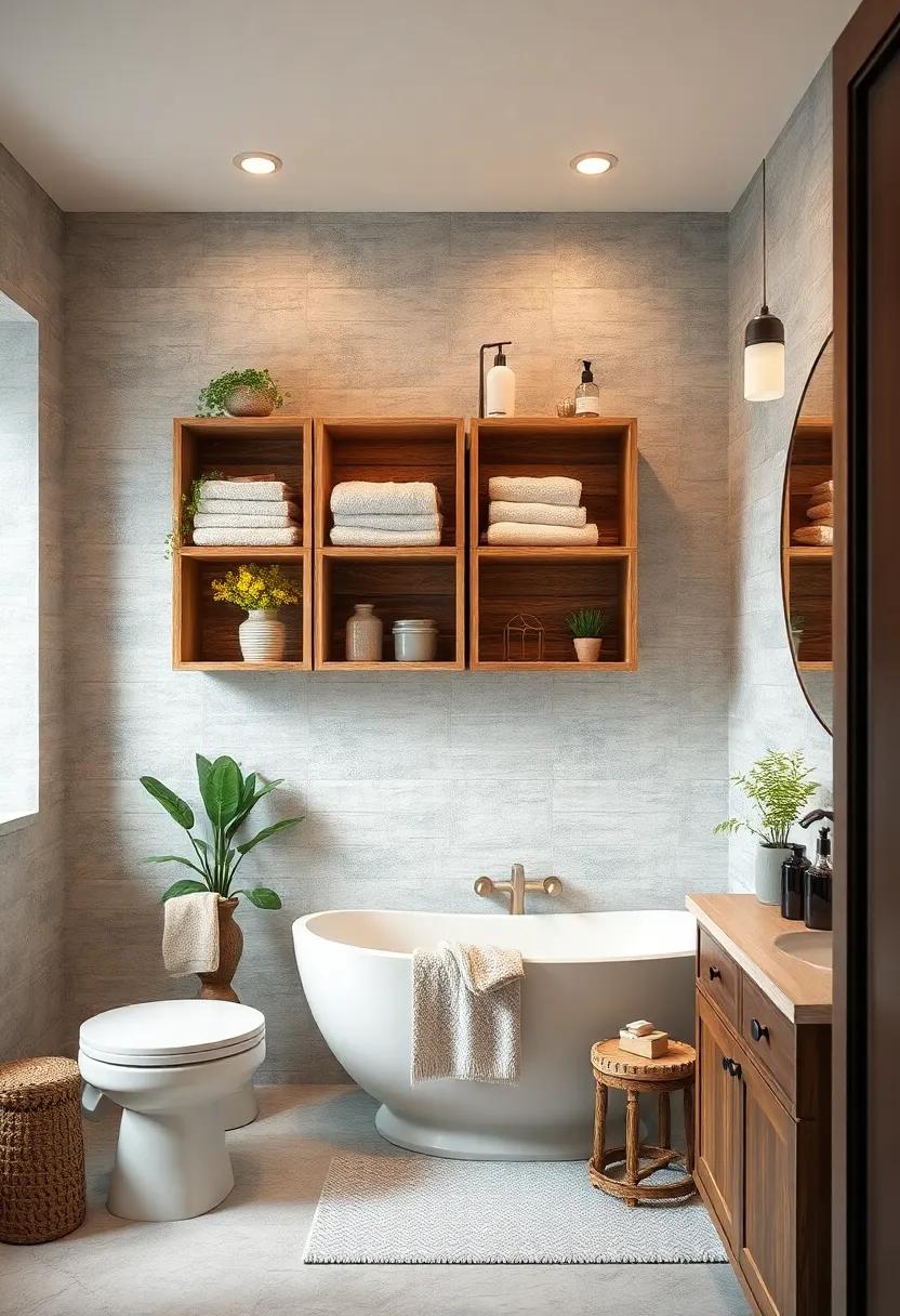 Rustic Crate Displays: incorporate rustic wooden crates⁤ as wall units​ to store towels and other essentials while adding a‍ farmhouse aesthetic