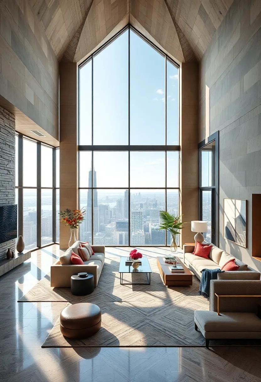 The Crystal Skyline ‌in Chicago: A masterpiece of modern luxury, featuring a ‍jaw-dropping living room with vaulted ceilings and expansive ⁤windows that overlook ‍the city ⁤and Lake Michigan