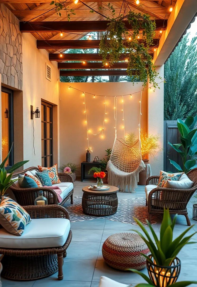 Bohemian ‌Bliss: ⁢Dive into​ the boho‌ trend with an eclectic ‌mix of⁢ furniture, including a ‌hammock draped with fairy​ lights, setting ⁣the mood for evening‌ gatherings