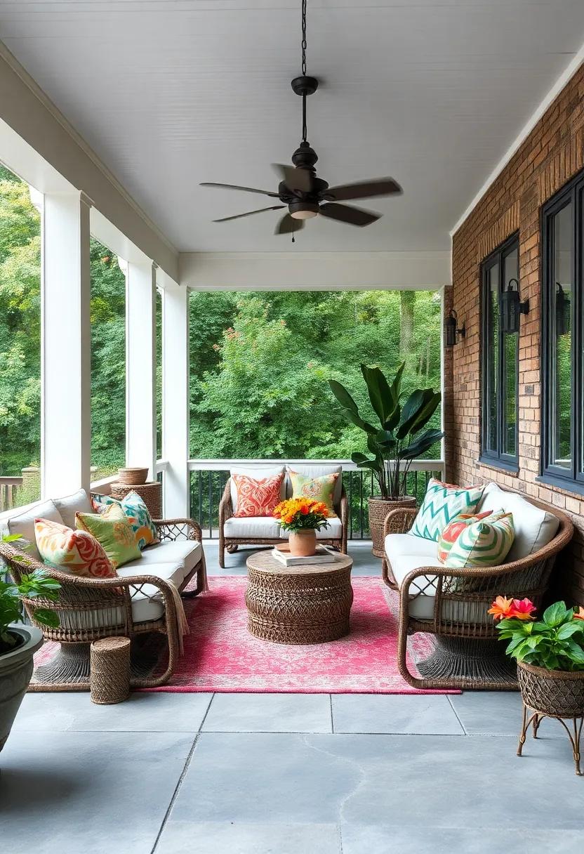 Bohemian⁤ Bliss:⁣ Layered textures with colorful ‌throws and mismatched cushions infuse a playful spirit ‍into your screened porch, inviting creativity⁤ and relaxation
